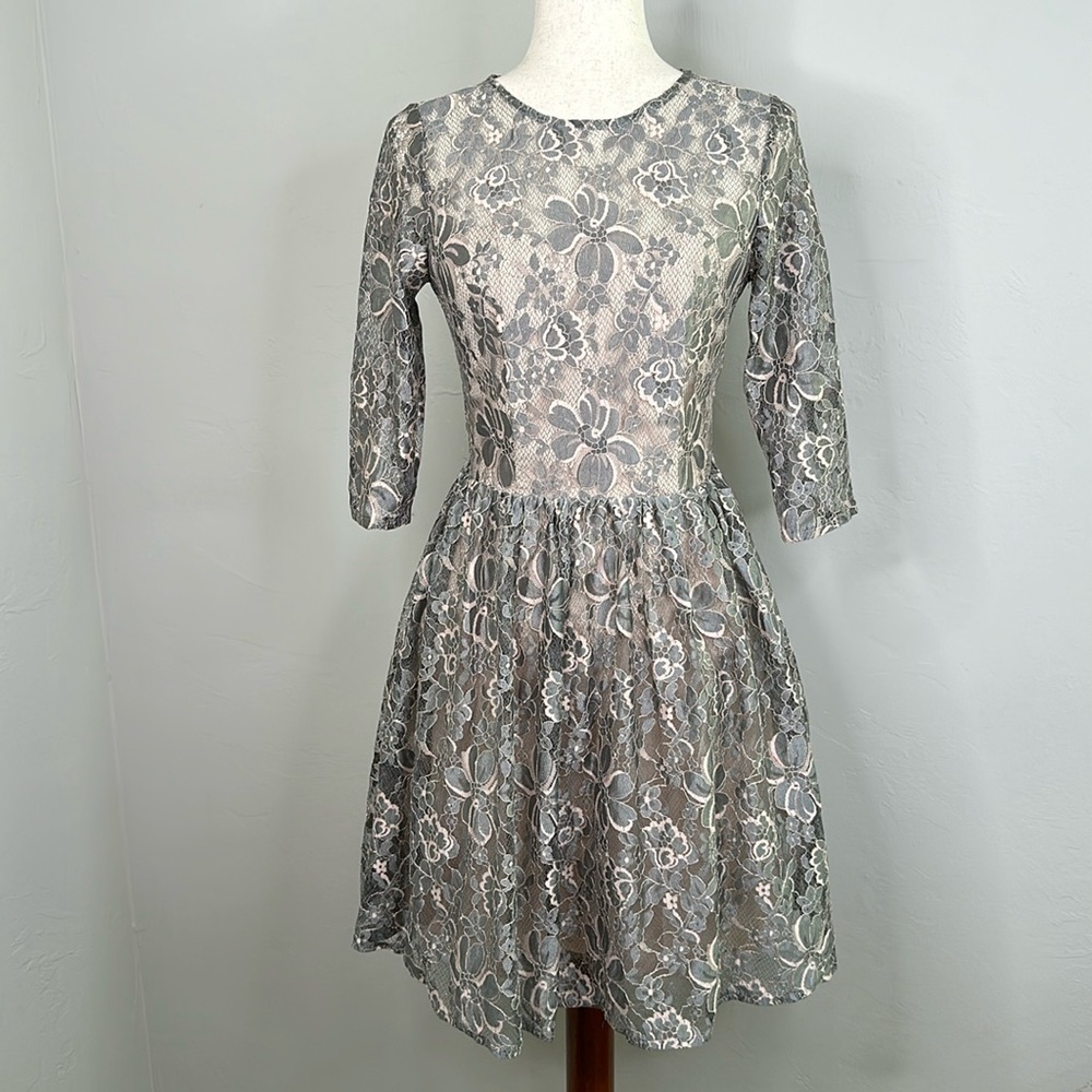 Little Mistress Women's Grey Lace Sheer Party Cocktail Dress